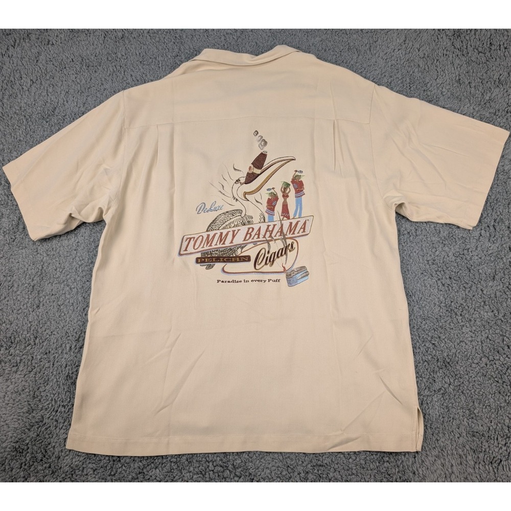 Tommy Bahama Shirt Men's L Silk "Deluxe Pelican Cigars" Embroidered *Read